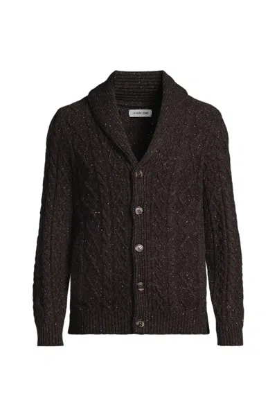 Lands' End Men's Cotton Wool Aran Cable Cardigan In Brown