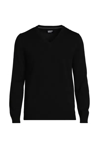 Lands' End Men's Fine Gauge Cotton V Neck Sweater In Black