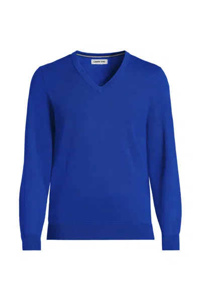Lands' End Men's Fine Gauge Cotton V-neck Sweater In Blue