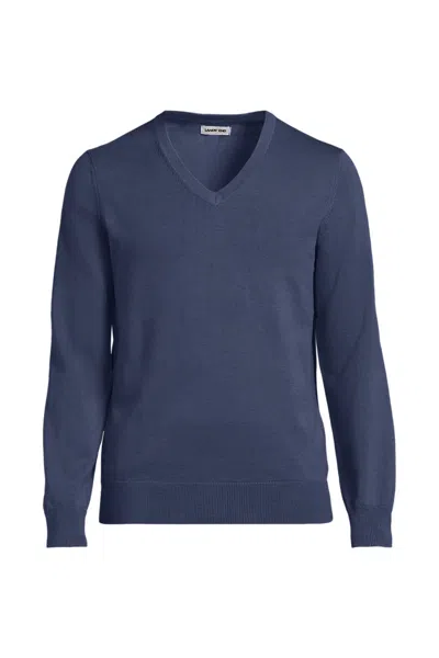 Lands' End Men's Fine Gauge Cotton V-neck Sweater In Blue