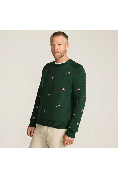 Lands' End Men's Long Sleeve Drifter Holiday Roads Crewneck Sweater In Green