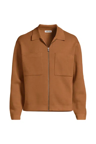 Lands' End Men's Long Sleeve Fine Gauge Cotton Full Zip Chore Coat In Brown