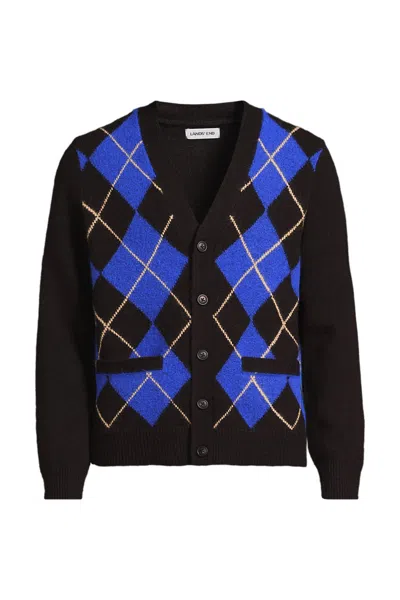 Lands' End Men's Long Sleeve Fuzzy Argyle Cardigan Sweater In Black