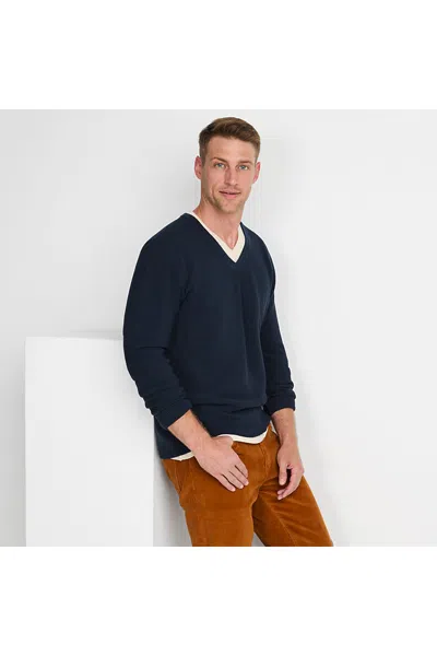 Lands' End Men's Long Sleeve Washable Merino Wool V Neck Sweater In Blue