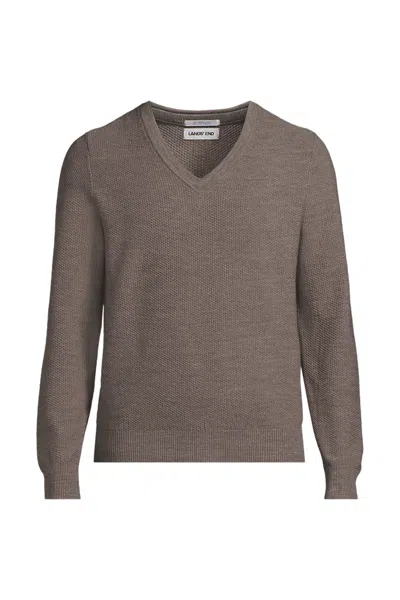 Lands' End Men's Long Sleeve Washable Merino Wool V-neck Sweater In Brown