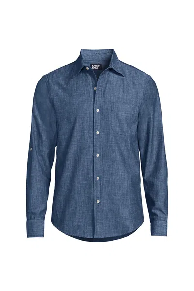 Lands' End Men's Roll Sleeve Chambray Shirt In Blue