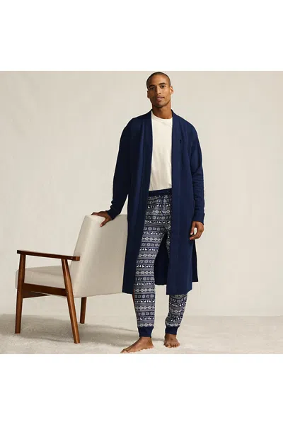 Lands' End Men's Serious Sweats Calf Length Robe In Blue