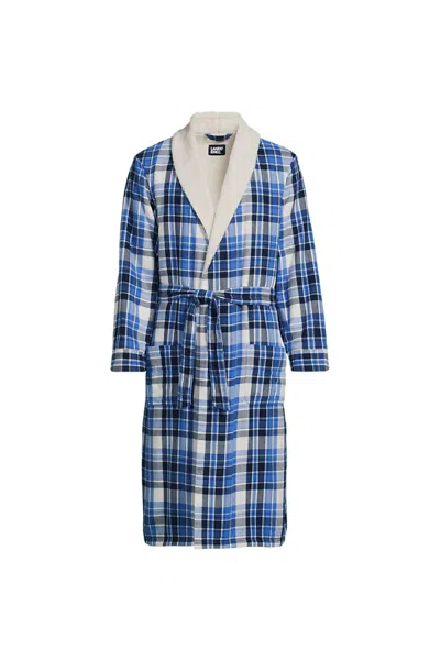 Lands' End Men's Sherpa Fleece Lined Flannel Robe In Blue