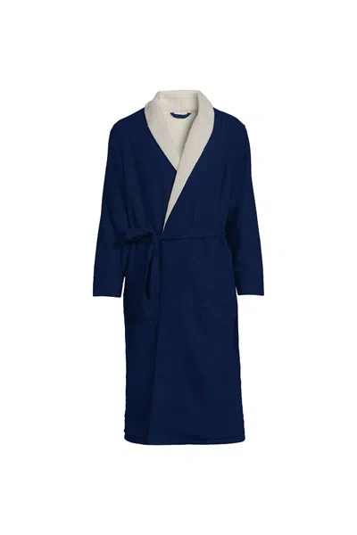 Lands' End Men's Sherpa Fleece Lined Flannel Robe In Blue