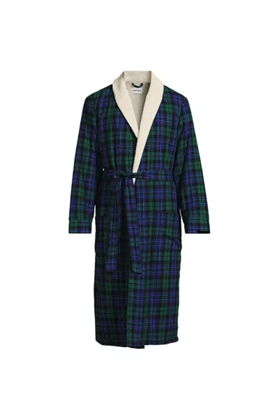 Lands' End Men's Sherpa Fleece Lined Flannel Robe In Blue