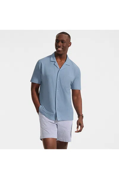 Lands' End Men's Short Sleeve Cotton Linen Button Through Camp Collar Shirt In Blue