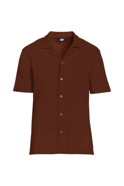 Lands' End Men's Short Sleeve Cotton Linen Button Through Camp Collar Shirt In Brown