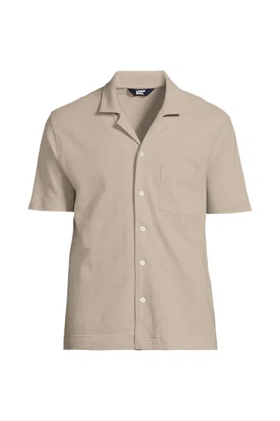 Lands' End Men's Short Sleeve Cotton Linen Button Through Camp Collar Shirt In Brown