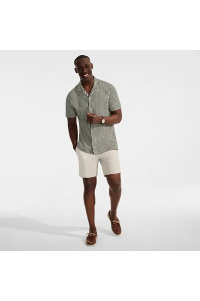 Lands' End Men's Short Sleeve Cotton Linen Vertical Stripe Button Through Camp Collar Shirt In Brown