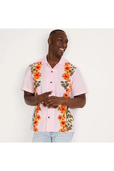 Lands' End Men's Short Sleeve Linen Hawaiian Camp Collar Shirt In Pink