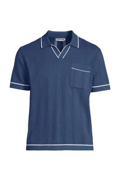 Lands' End Men's Short Sleeve Textured Tipped Sweater Polo In Blue