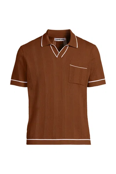 Lands' End Men's Short Sleeve Textured Tipped Sweater Polo In Brown