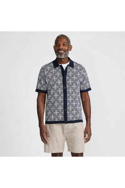 Lands' End Men's Short Sleeve Tile Jacquard Button Down Sweater Polo In Blue