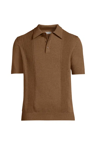 Lands' End Men's Short Sleeve Vertical Rib Button Down Sweater Polo In Brown