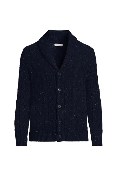 Lands' End Men's Tall Cotton Wool Aran Cable Cardigan In Blue