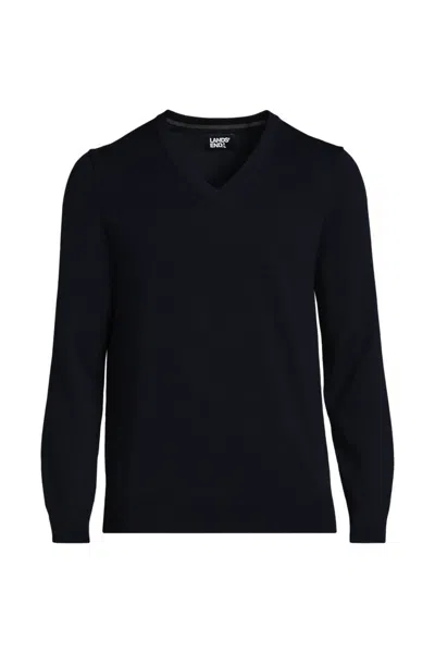 Lands' End Men's Tall Fine Gauge Cotton V Neck Sweater In Blue