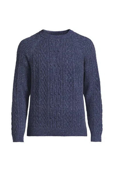 Lands' End Men's Tall Long Sleeve Cotton Wool Blend Aran Cable Crewneck Sweater In Blue