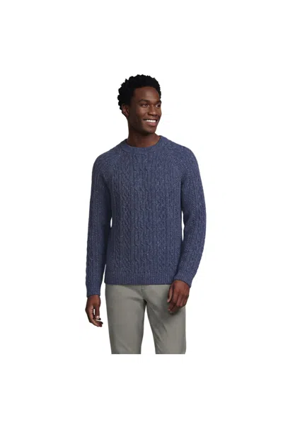 Lands' End Men's Tall Long Sleeve Cotton Wool Blend Aran Cable Crewneck Sweater In Blue