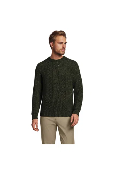 Lands' End Men's Tall Long Sleeve Cotton Wool Blend Aran Cable Crewneck Sweater In Green