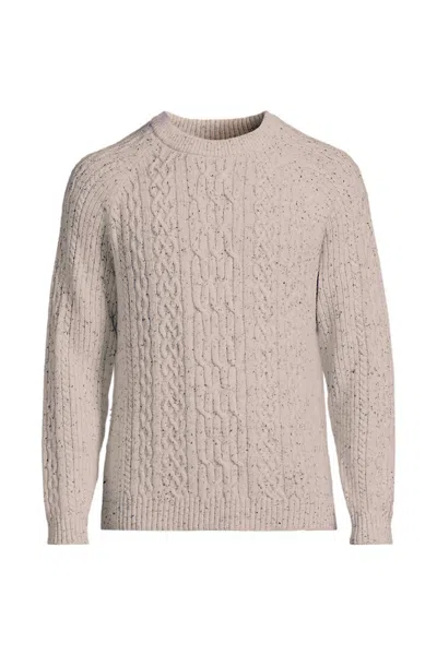 Lands' End Men's Tall Long Sleeve Cotton Wool Blend Aran Cable Crewneck Sweater In Ivory