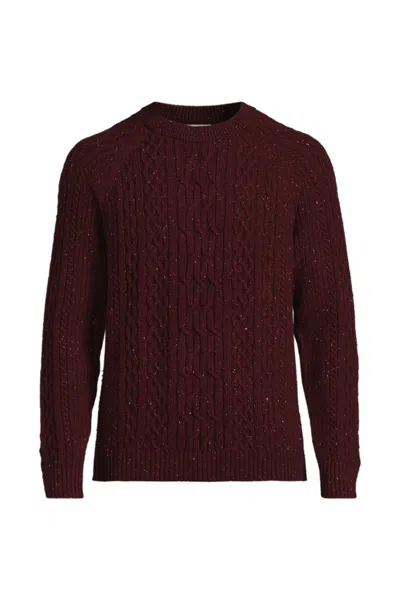 Lands' End Men's Tall Long Sleeve Cotton Wool Blend Aran Cable Crewneck Sweater In Red