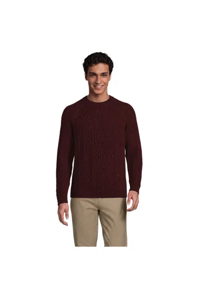 Lands' End Men's Tall Long Sleeve Cotton Wool Blend Aran Cable Crewneck Sweater In Red