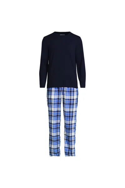 Lands' End Men's Tall Long Sleeve Tee And Flannel Pant Sleep Set In Blue