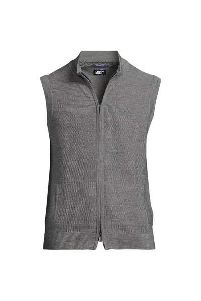 Lands' End Men's Washable Merino Full Zip Sweater Vest In Gray