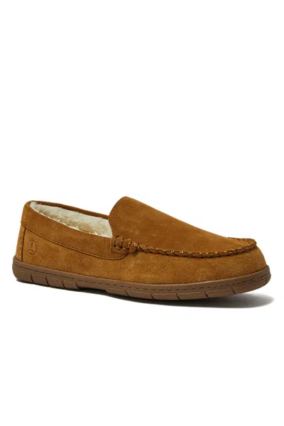 Lands' End Men's Wide Width Fuzzy Lined Suede Moccasin Slippers In Brown