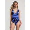 Lands' End Mesh Plunge High Leg One Piece Swimsuit In Blue Multi Abstract Floral