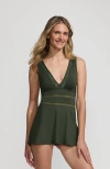 Lands' End Mesh V-neck Mini Swim Dress Swimsuit In Rich Olive Green