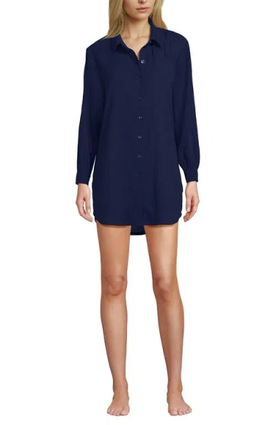 Lands' End New Button-up Shirt Cover-up Dress In Blue