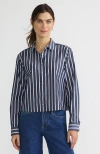 Lands' End No Iron Boxy Cropped Shirt In Navy/white Dual Stripe
