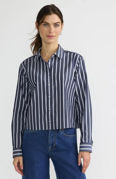 Lands' End No Iron Boxy Cropped Shirt In Navy/white Dual Stripe