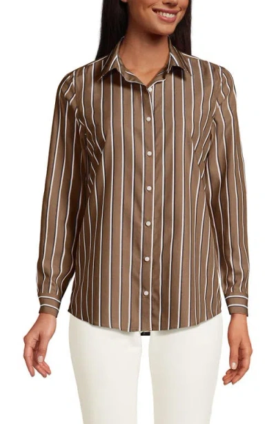 Lands' End No Iron Supima Cotton Long Sleeve Shirt In Honey Beige Dual Stripe