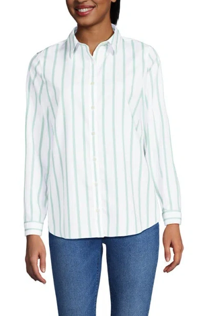 Lands' End No Iron Supima Cotton Long Sleeve Shirt In White/aqua Classic Stripe