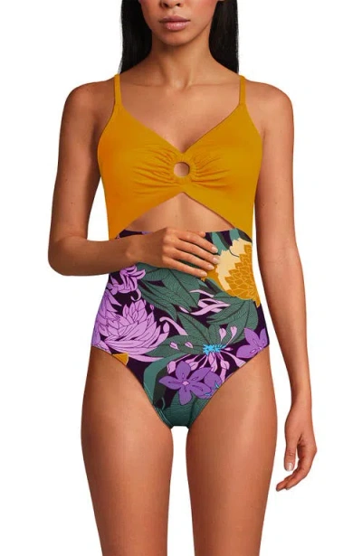 Lands' End O-ring Monokini One Piece Swimsuit In Dark Wine Floral Bloom/mango