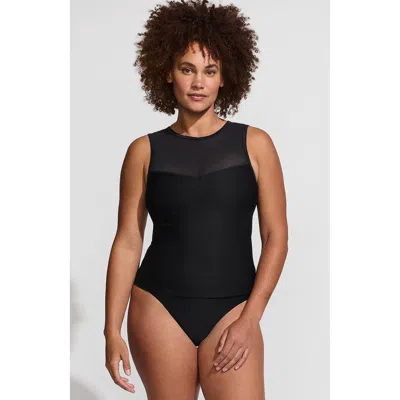 Lands' End Ottoman Rib High Neck Sweetheart Mesh Cutout Tankini Top In Black Ottoman