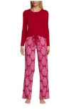 Lands' End Pajama Set Knit Long Sleeve T-shirt And Flannel Pants In Red