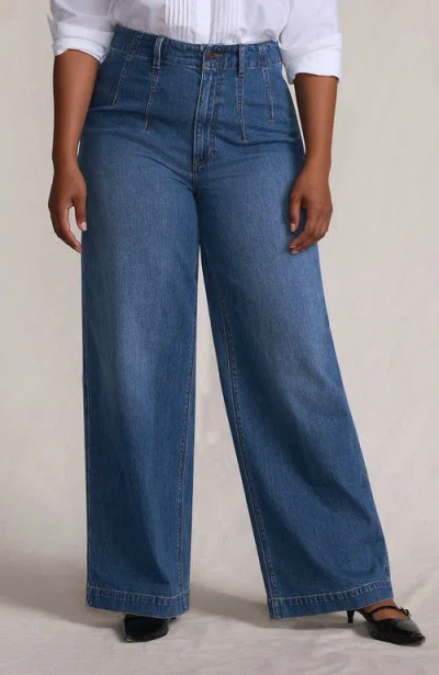 Lands' End Petite Soft Denim High Rise Wide Leg Top Stitch Trousers In Blue