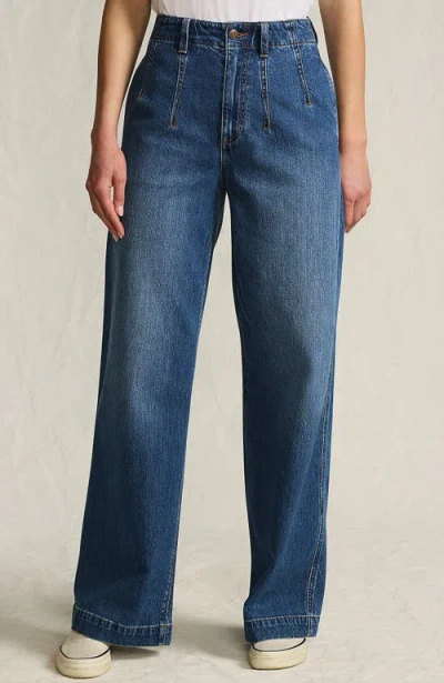 Lands' End Petite Soft Denim High Rise Wide Leg Top Stitch Trousers In Blue