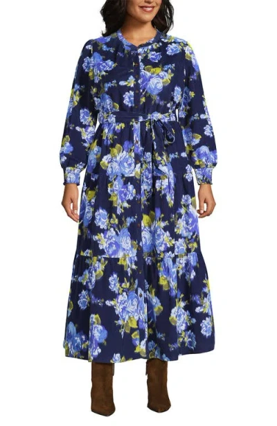Lands' End Pinwale Cord Smocked Sleeve Maxi Dress In Blue