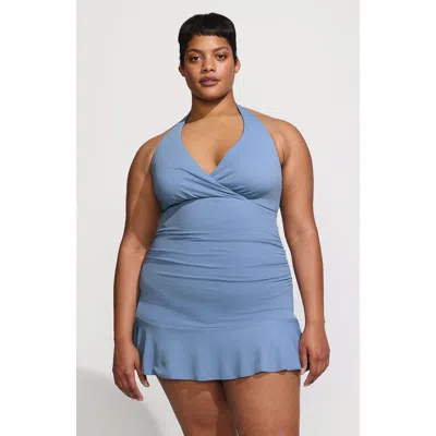 Lands' End Pique Halter Ruffle Hem Mini Swim Dress Swimsuit In Dusk Sky