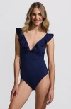 Lands' End Pique Ruffle One Piece Swimsuit In Deep Sea Navy