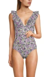 Lands' End Pique Ruffle One Piece Swimsuit In White Multi Ditsy Floral